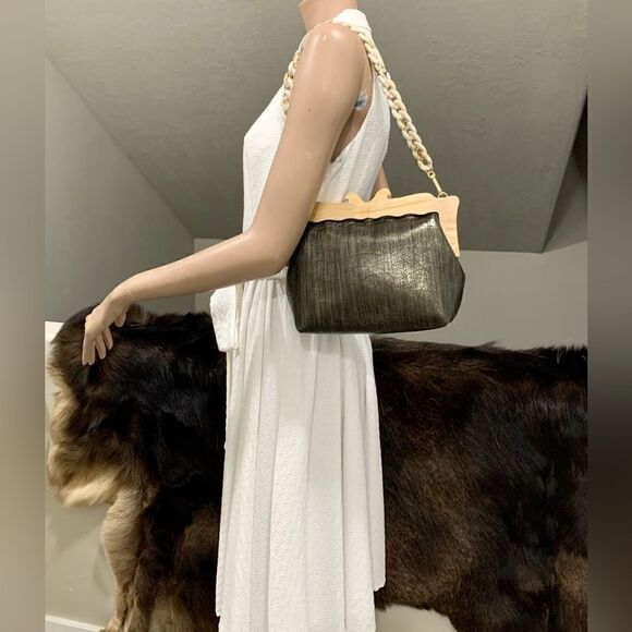 Handmade Genuine Cowhide Embossed  Leather Wooden Frame Purse & 2 Strap Styles - Picture 3 of 15